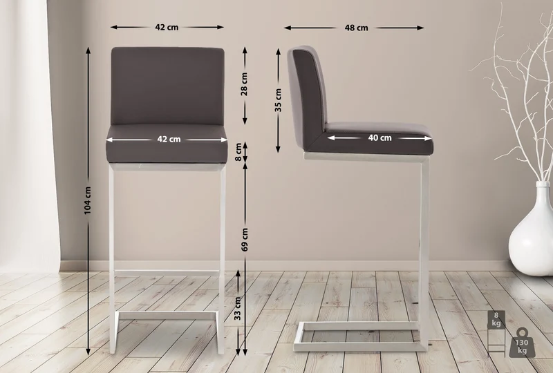 Tabouret de bar chaise haute contemporaine avec assise rembourrée PVC marron et piètement en acier inoxydable 10_0006330
