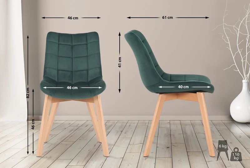Chaise de salle à manger x1 rembourrage généreux en velours vert piètement en bois 10_0002084