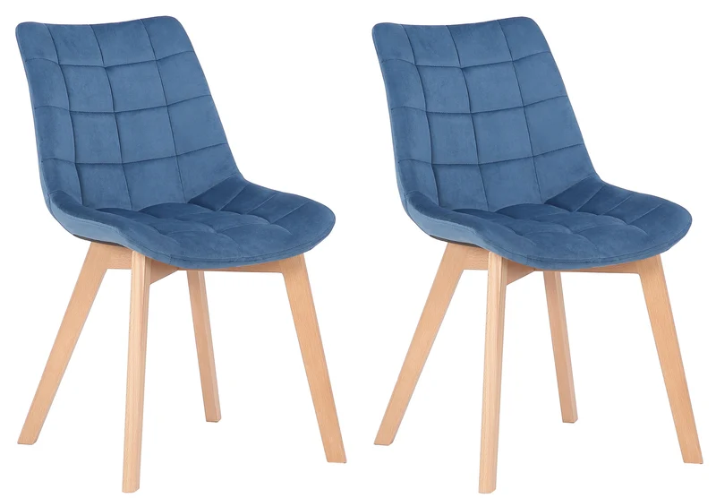 Lot de 2 chaises de salle à manger rembourrage généreux en velours bleu piètement en bois 10_0007676