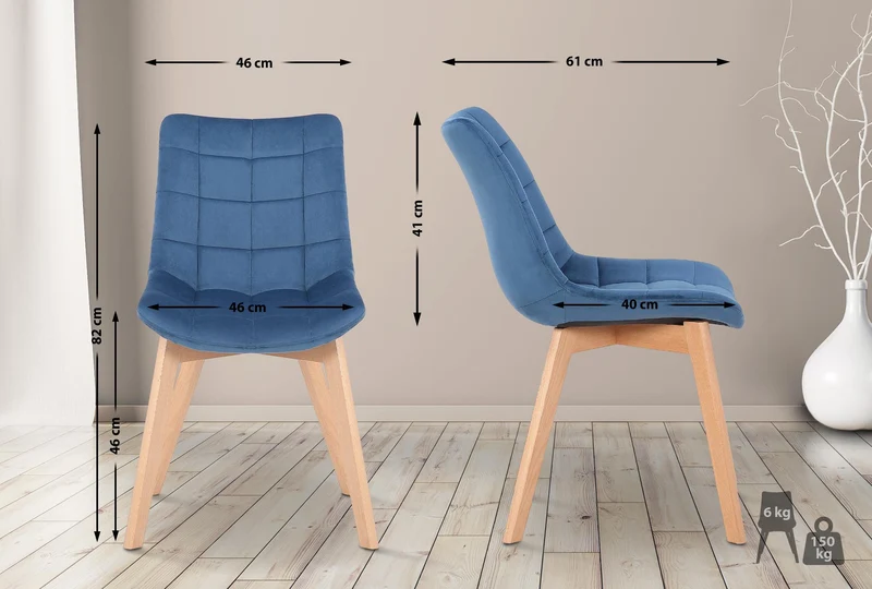 Lot de 2 chaises de salle à manger rembourrage généreux en velours bleu piètement en bois 10_0007676