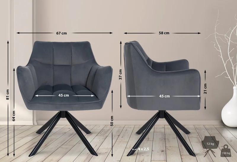 Chaise de salle à manger lounge bureau pivotante avec revêtement en velours gris foncé pieds en acier noir BUR10667