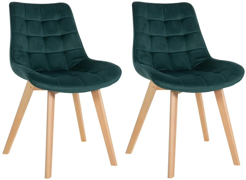 Lot de 2 chaises de salle à manger design scandinave coutures carrées en velours vert pieds en bois clair 10_0007324