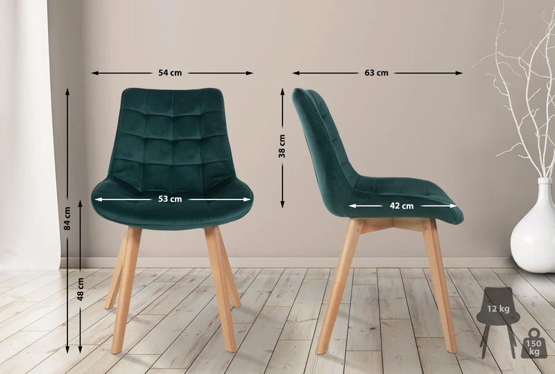 Chaise de salle à manger x1 style scandinave motif matelassé en velours vert cadre en bois 10_0007129