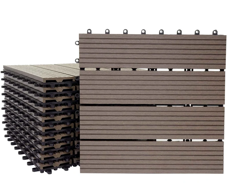 Carrelage de sol WPC balcon terrasse aspect bois 11 pièces 30x30cm 1m² décalage en teck linéaire couleur café 04_0005434