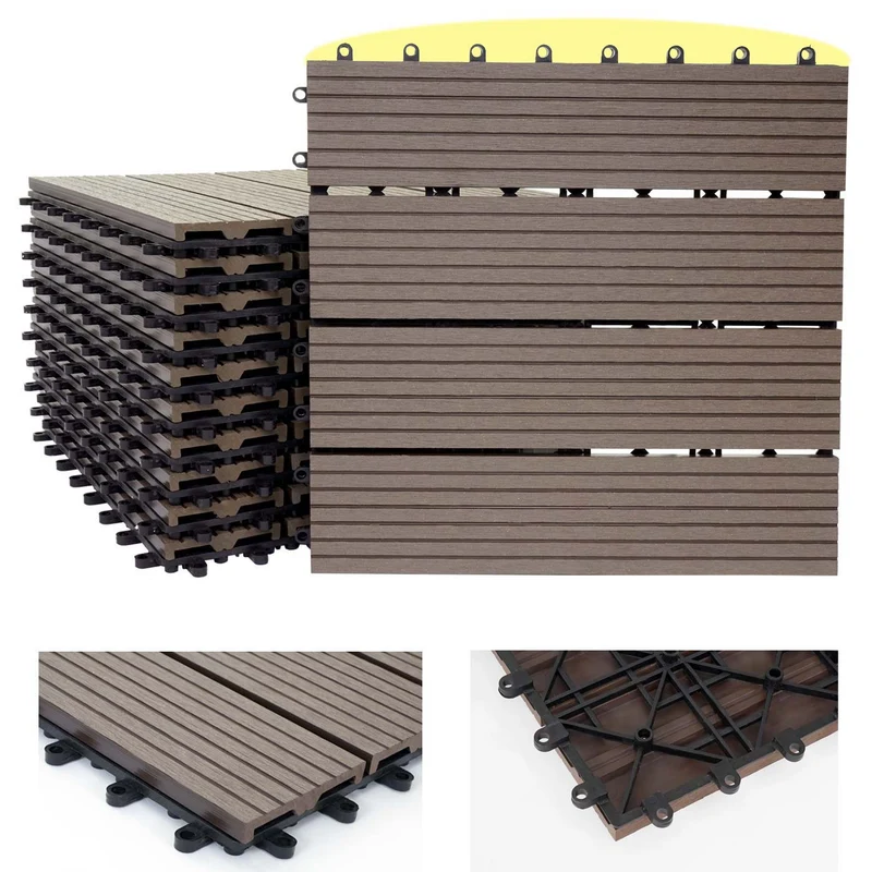 Carrelage de sol WPC balcon terrasse aspect bois 11 pièces 30x30cm 1m² décalage en teck linéaire couleur café 04_0005434