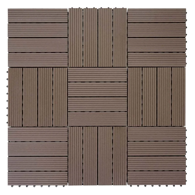 Carrelage de sol WPC balcon terrasse aspect bois 11 pièces 30x30cm 1m² décalage en teck linéaire couleur café 04_0005434