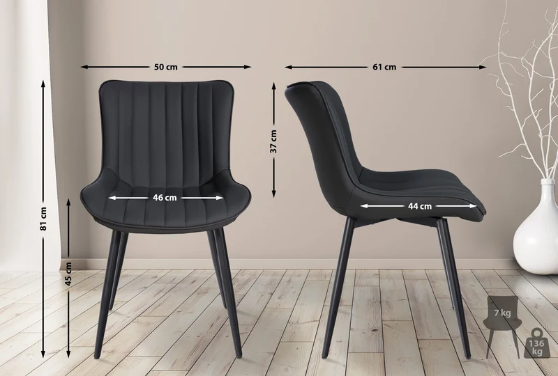 Chaise de salle à manger x1 coutures décoratives verticales avec pieds en métal noir assise en PVC noir 10_0002257