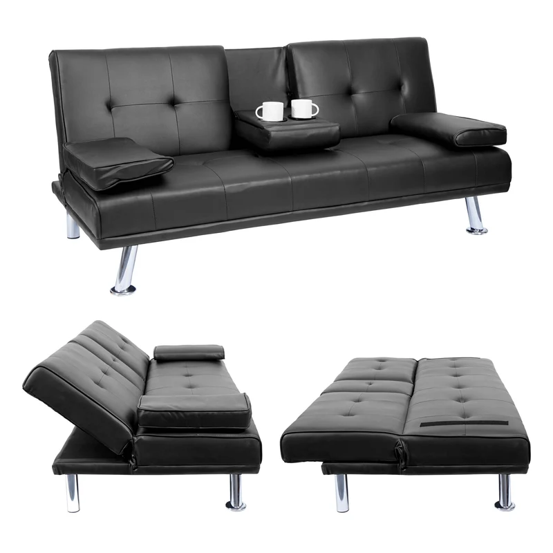 Canapé 3 places convertible avec porte-gobelets rabattables dossier réglable 166 x 97 cm similicuir noir 04_0010968