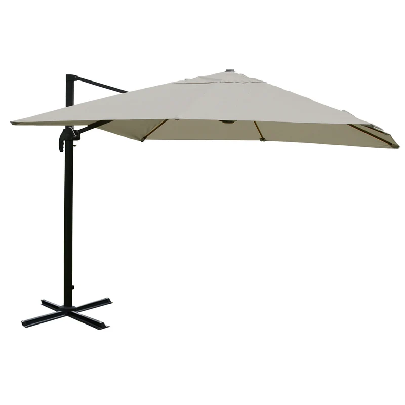 Parasol déporté 3 x 4 m Ø env. 5 m inclinable et orientable 360° manivelle polyester crème-gris et aluminium/acier avec croix de sol et plaque rotative sans pied 04_0010683