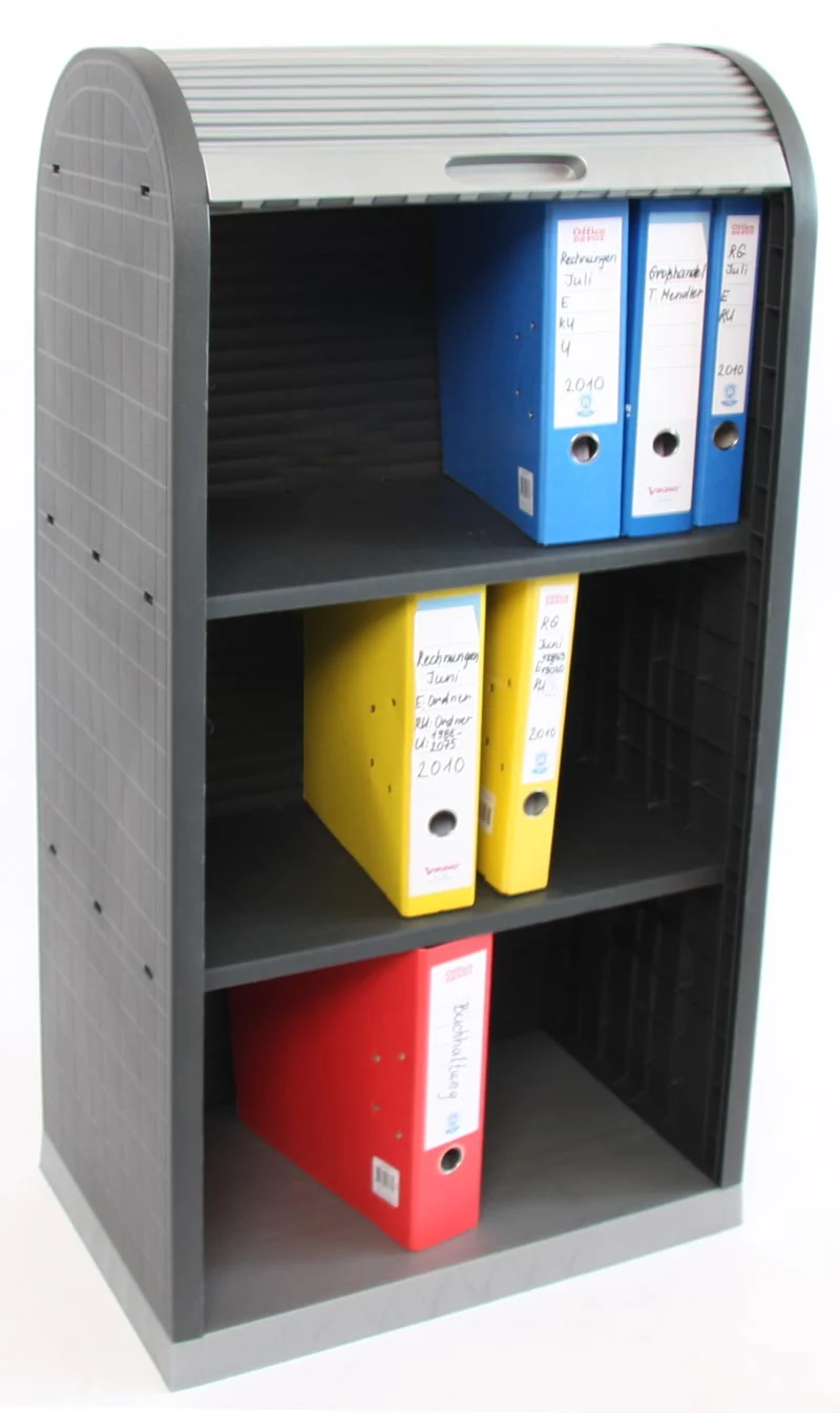 Armoire de bureau universelle rangement classeurs avec porte coulissante à lamelles plastique robuste pour dossiers A4 120 x 58 x 38 cm 04_0011594