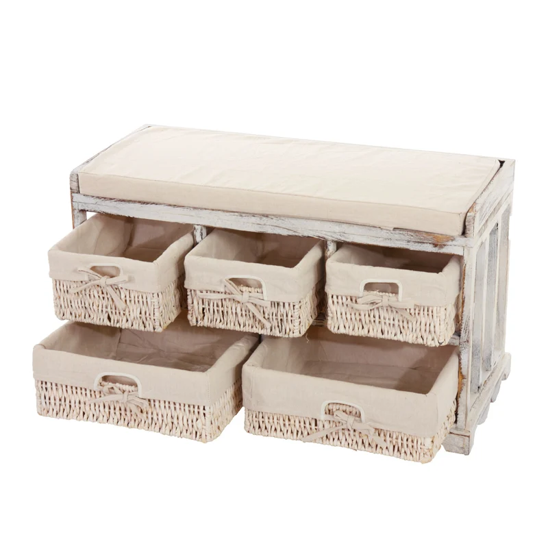 Commode banc avec coussin et 5 tiroirs meuble de rangement style shabby chic vintage 45 x 77 x 36 cm en bois blanc 04_0011445