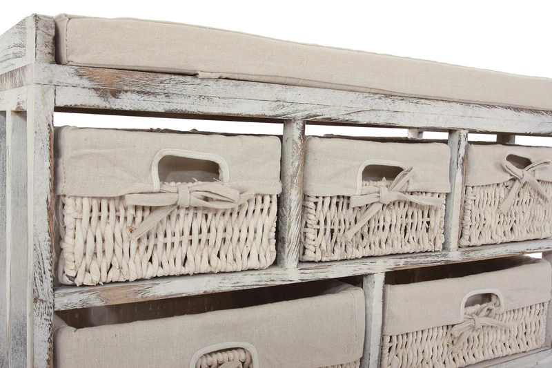 Commode banc avec coussin et 5 tiroirs meuble de rangement style shabby chic vintage 45 x 77 x 36 cm en bois blanc 04_0011445