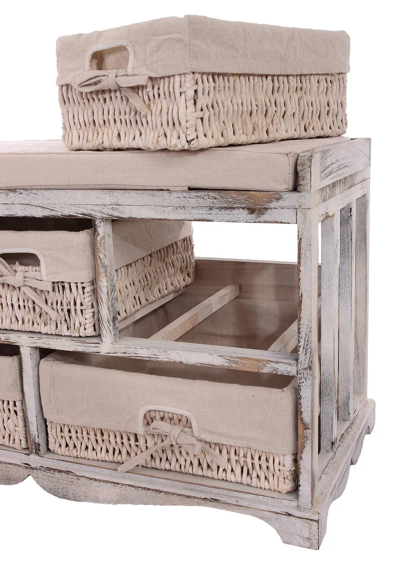 Commode banc avec coussin et 5 tiroirs meuble de rangement style shabby chic vintage 45 x 77 x 36 cm en bois blanc 04_0011445