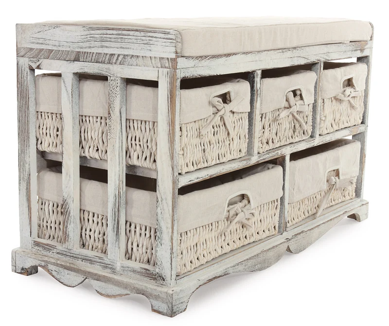 Commode banc avec coussin et 5 tiroirs meuble de rangement style shabby chic vintage 45 x 77 x 36 cm en bois blanc 04_0011445