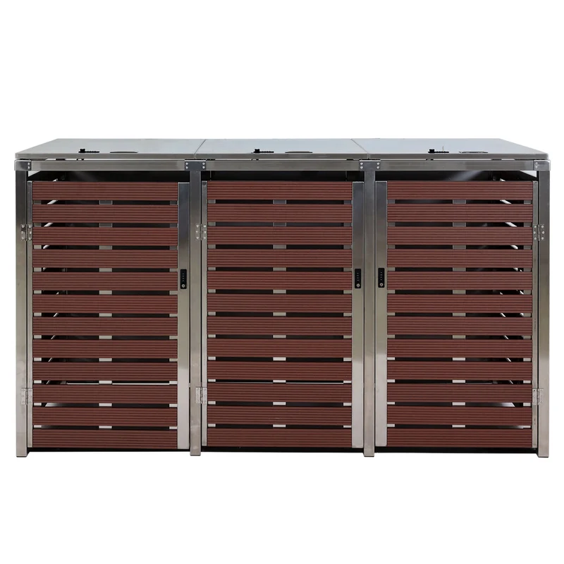Abri pour 3 poubelles cache-poubelles extérieur avec portes et couvercles verrouillables WPC et acier inoxydable aspect bois noyer 120 x 200 x 85 cm 04_0008235