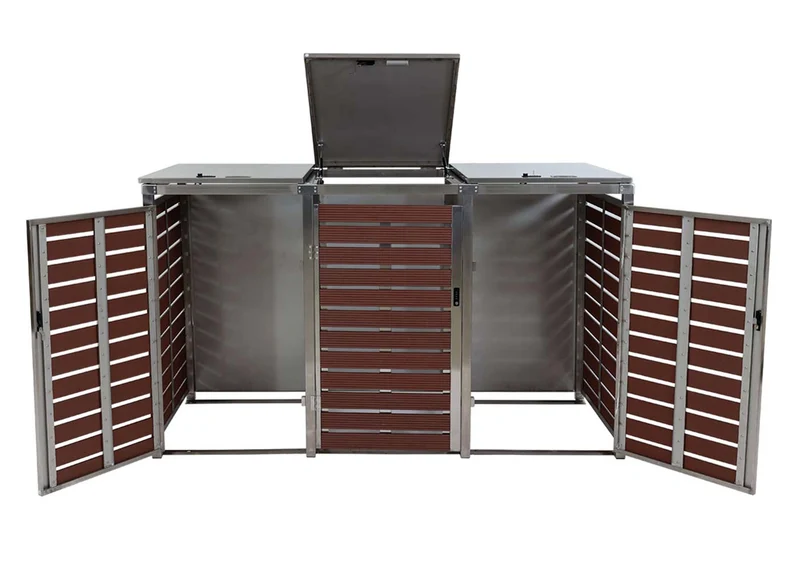Abri pour 3 poubelles cache-poubelles extérieur avec portes et couvercles verrouillables WPC et acier inoxydable aspect bois noyer 120 x 200 x 85 cm 04_0008235