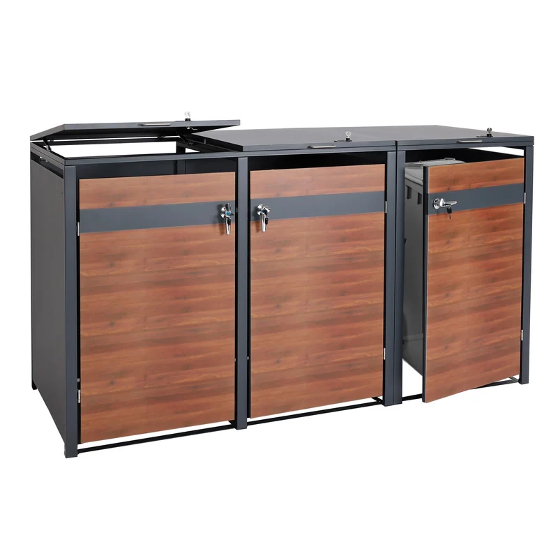 Abri pour 3 poubelles cache-poubelles extensible métal 80 kg anthracite aspect bois cerisier brun foncé 04_0008232