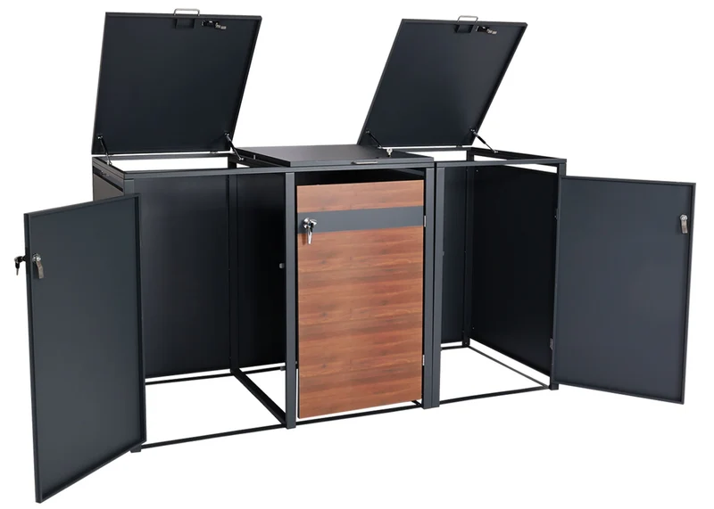 Abri pour 3 poubelles cache-poubelles extensible métal 80 kg anthracite aspect bois cerisier brun foncé 04_0008232