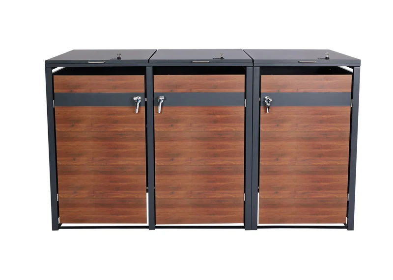 Abri pour 3 poubelles cache-poubelles extensible métal 80 kg anthracite aspect bois cerisier brun foncé 04_0008232