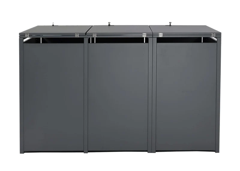 Abri pour 3 poubelles cache-poubelles extensible métal 80 kg anthracite aspect bois cerisier brun foncé 04_0008232