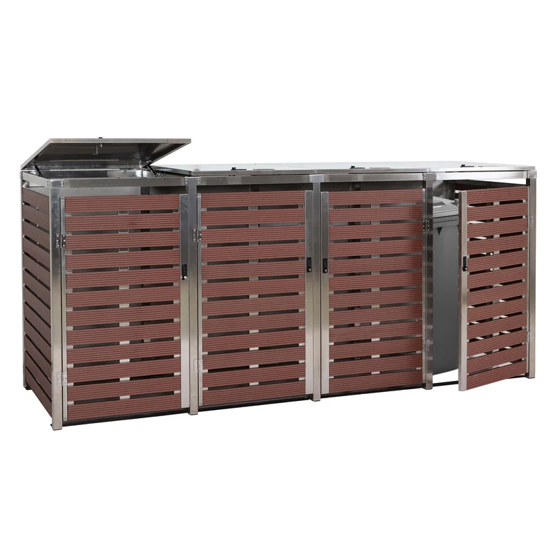 Abri pour 4 poubelles cache-poubelles extérieur 120 x 264 x 85 cm WPC et acier inoxydable aspect bois noyer 04_0007561