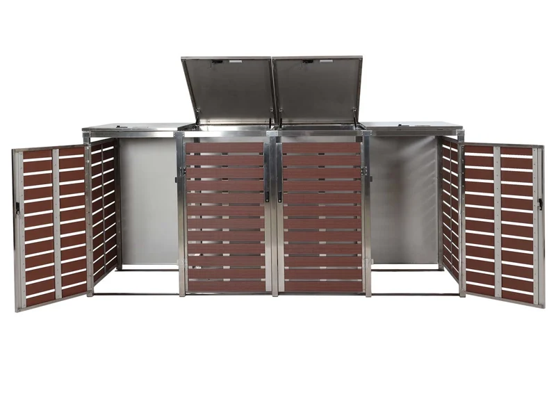 Abri pour 4 poubelles cache-poubelles extérieur 120 x 264 x 85 cm WPC et acier inoxydable aspect bois noyer 04_0007561
