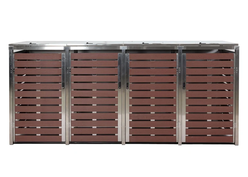 Abri pour 4 poubelles cache-poubelles extérieur 120 x 264 x 85 cm WPC et acier inoxydable aspect bois noyer 04_0007561
