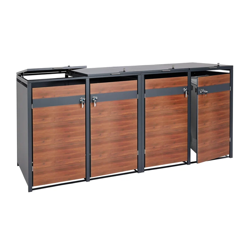 Abri pour 4 poubelles cache-poubelles extérieur extensible métal anthracite aspect bois cerisier foncé 04_0006999