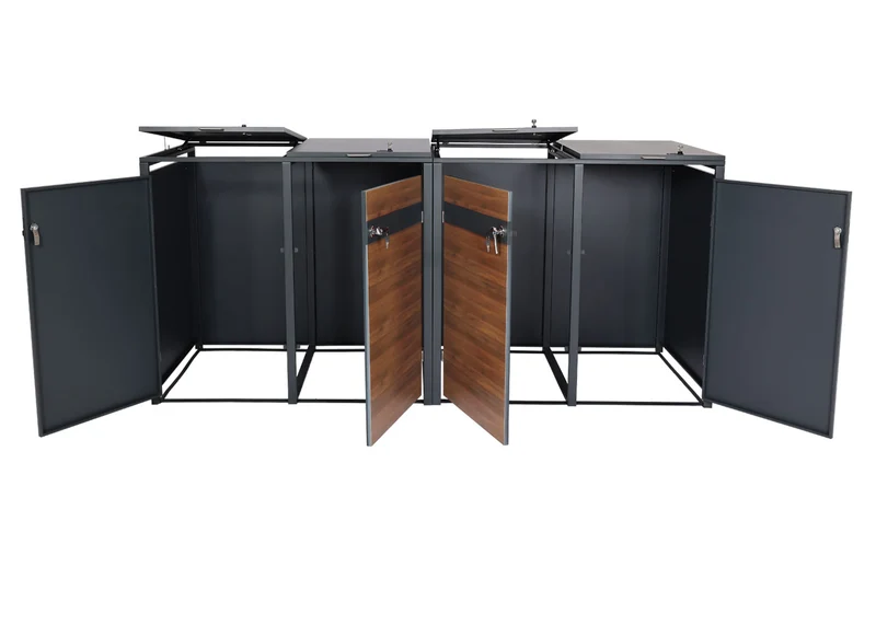 Abri pour 4 poubelles cache-poubelles extérieur extensible métal anthracite aspect bois cerisier foncé 04_0006999
