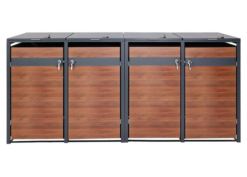 Abri pour 4 poubelles cache-poubelles extérieur extensible métal anthracite aspect bois cerisier foncé 04_0006999