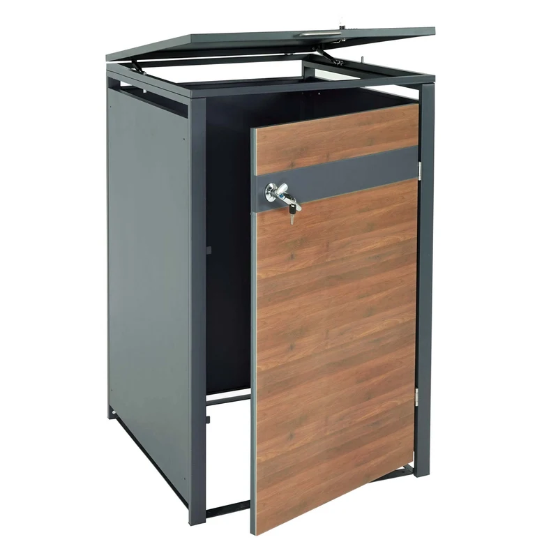 Cache-poubelles simple extensible 117 x 68 x 80 cm métal anthracite finition bois cerisier foncé 04_0005698