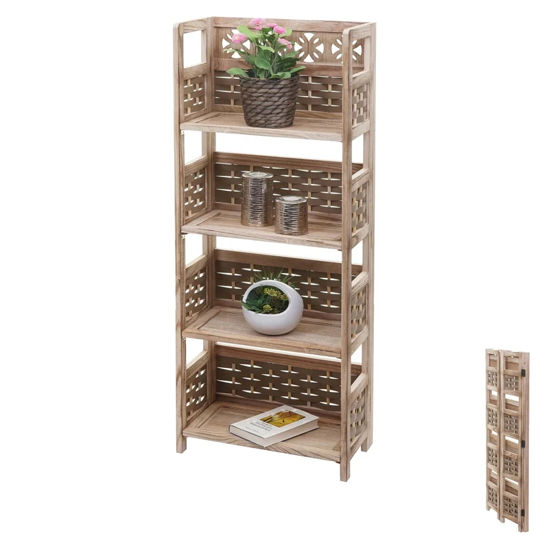 Etagère sur pied pliable 4 niveaux de rangement hauteur 110 cm polyrotin et MDF tresse marron 04_0006784