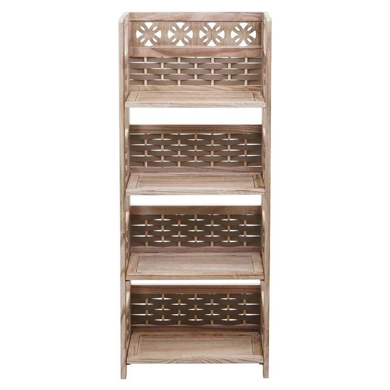 Etagère sur pied pliable 4 niveaux de rangement hauteur 110 cm polyrotin et MDF tresse marron 04_0006784