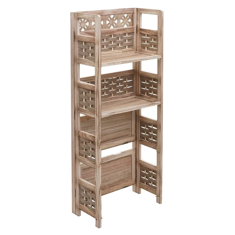 Etagère sur pied pliable 4 niveaux de rangement hauteur 110 cm polyrotin et MDF tresse marron 04_0006784
