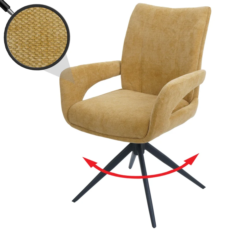 Chaise de salle à manger pivotante moderne accoudoirs enveloppants 90 x 60 x 60 cm confort d'assise ergonomique en tissu chenille jaune 04_0009334