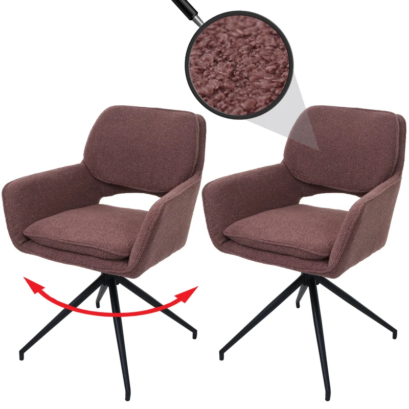Lot de 2 chaises de salle à manger pivotante 180° avec retour automatique tissu bouclé brun clair piètement en forme de trépied fer noir 04_0009971