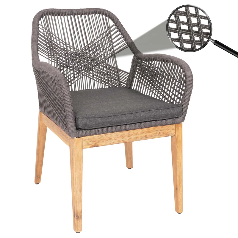 Chaise de jardin moderne résistant aux intempériese en bois d’acacia dossier arrondi en corde tressée gris coussin gris foncé 04_0010102