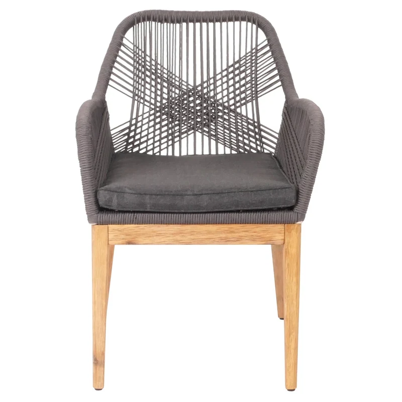 Chaise de jardin moderne résistant aux intempériese en bois d’acacia dossier arrondi en corde tressée gris coussin gris foncé 04_0010102