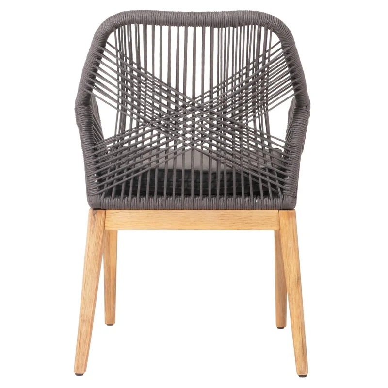 Chaise de jardin moderne résistant aux intempériese en bois d’acacia dossier arrondi en corde tressée gris coussin gris foncé 04_0010102