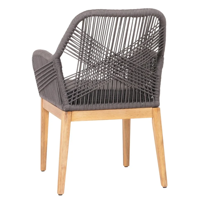 Chaise de jardin moderne résistant aux intempériese en bois d’acacia dossier arrondi en corde tressée gris coussin gris foncé 04_0010102