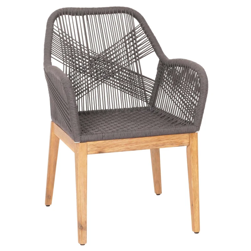Chaise de jardin moderne résistant aux intempériese en bois d’acacia dossier arrondi en corde tressée gris coussin gris foncé 04_0010102