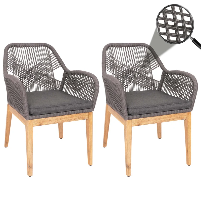 Lot de 2 chaises de jardin moderne résistant aux intempériese en bois d’acacia dossier arrondi en corde tressée gris coussin gris 04_0010099