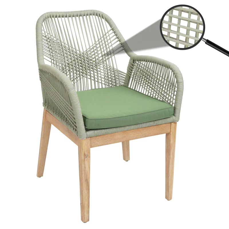 Chaise de jardin moderne résistant aux intempériese en bois d’acacia dossier arrondi en corde tressée vert coussin vert 04_0009625