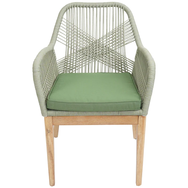 Chaise de jardin moderne résistant aux intempériese en bois d’acacia dossier arrondi en corde tressée vert coussin vert 04_0009625