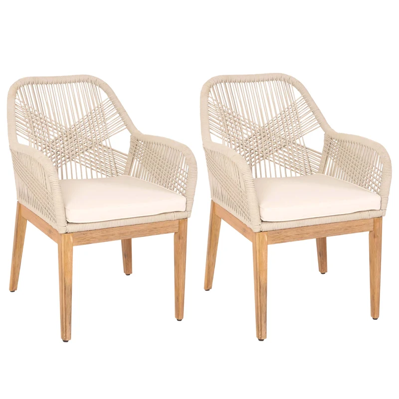 Lot de 2 chaises de jardin moderne résistant aux intempériese en bois d’acacia dossier arrondi en corde tressée crème coussin crème 04_0010098