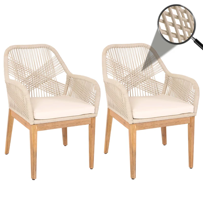 Lot de 2 chaises de jardin moderne résistant aux intempériese en bois d’acacia dossier arrondi en corde tressée crème coussin crème 04_0010098