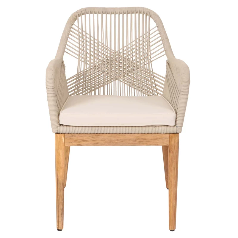 Lot de 2 chaises de jardin moderne résistant aux intempériese en bois d’acacia dossier arrondi en corde tressée crème coussin crème 04_0010098