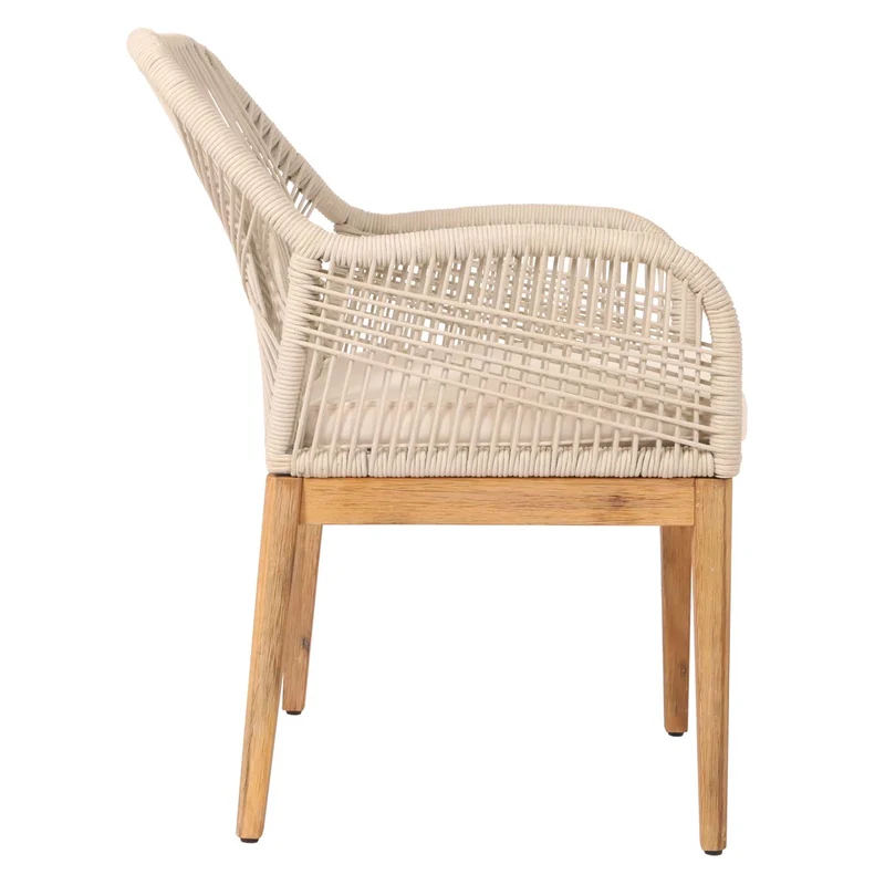 Lot de 2 chaises de jardin moderne résistant aux intempériese en bois d’acacia dossier arrondi en corde tressée crème coussin crème 04_0010098