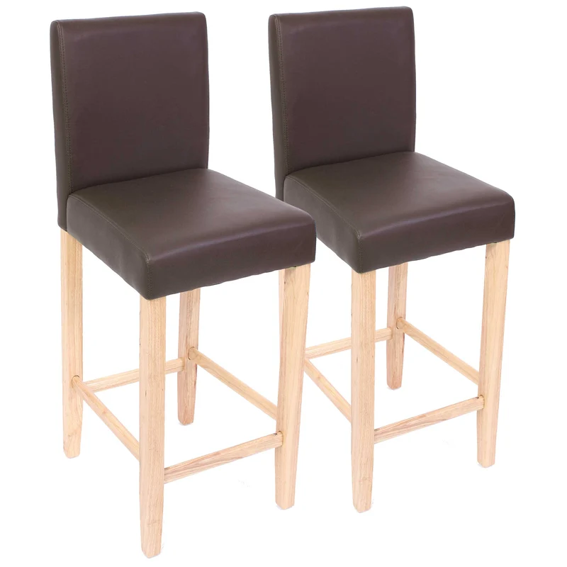 Lot de 2 tabourets de bar avec dossier et repose-pieds assise en cuir véritable marron pieds en bois massif clairs 04_0011534