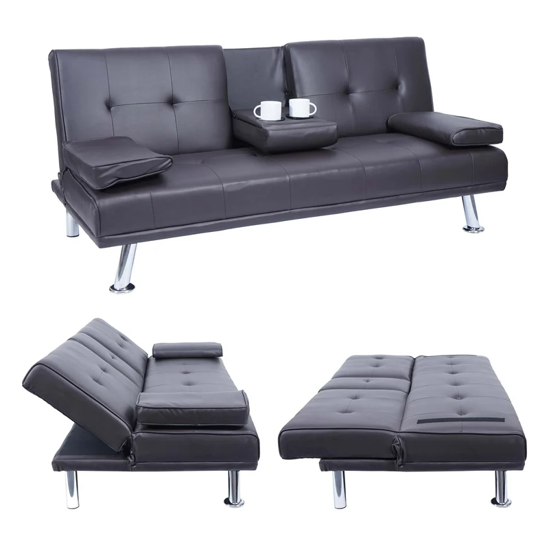 Canapé 3 places convertible avec porte-gobelets rabattables dossier réglable 166 x 97 cm similicuir marron 04_0010967